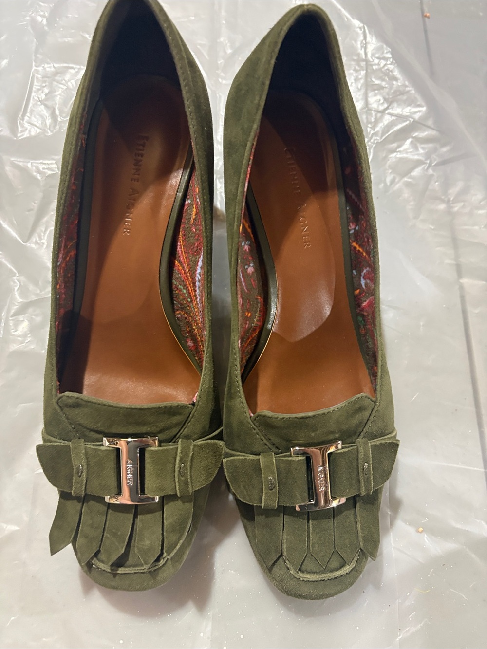 Etienne Aigner Olive Green Suede Fringe Loafers with Gold Buckle